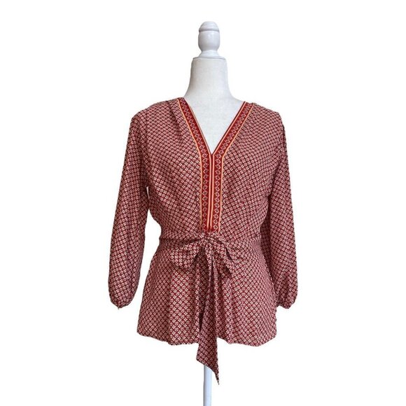 Max Studio Womens S Red Geometric Print 3/4 Balloon Sleeve Tie Front Peplum Hem - Picture 2 of 16